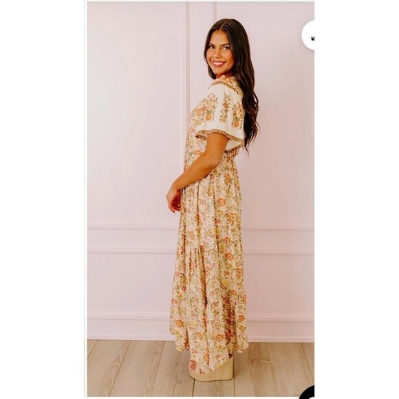 In Loom Boho Floral Midi Dress Cottage Core Dress Prarie Soho Beige Multi Sz S - Picture 4 of 12